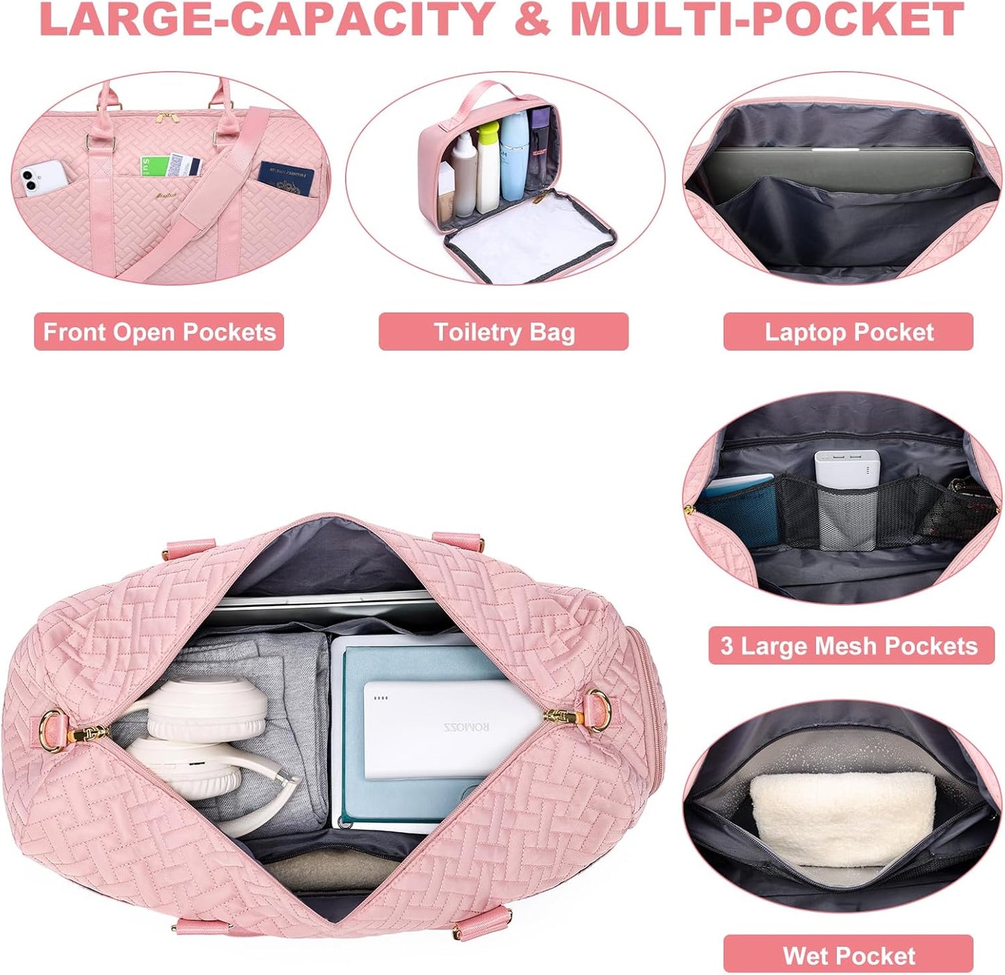 Women Duffle Weekender Travel Bag: Large Duffel Bags with Shoe Compartment Carry On Overnight Tote Bag with Wet Pocket Toiletry Bags Traveling Weekend Gym Yoga Hospital Bag for Labor and Delivery Pink