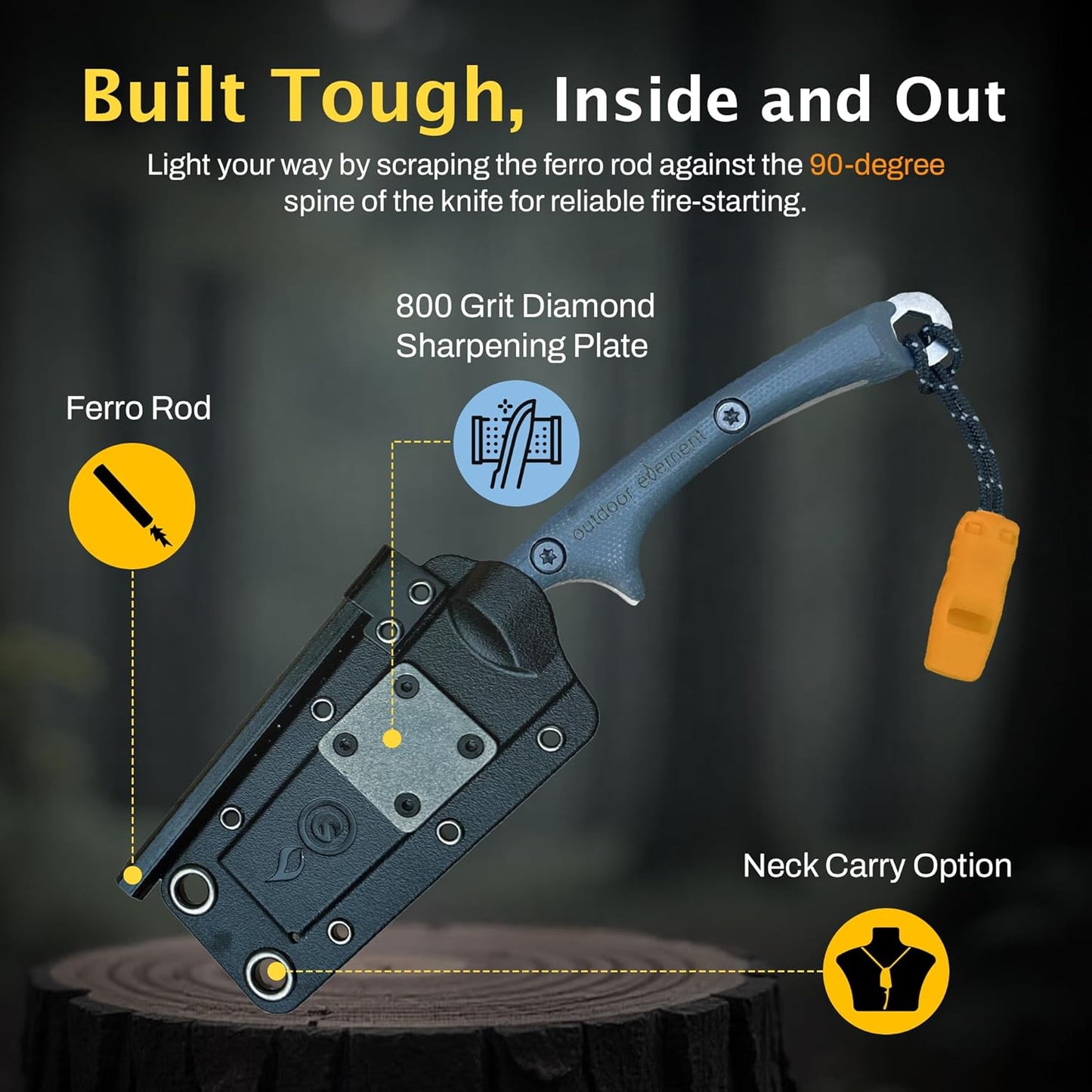 OUTDOOR ELEMENT Flicker Feather Knife - Right-Handed Survival EDC Chisel Blade for Camping, Hunting, Culinary Knives, and Bushcraft - Fixed Blade with Sheath, Firestarter, and Emergency Whistle