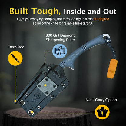 OUTDOOR ELEMENT Flicker Feather Knife - Right-Handed Survival EDC Chisel Blade for Camping, Hunting, Culinary Knives, and Bushcraft - Fixed Blade with Sheath, Firestarter, and Emergency Whistle