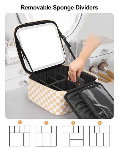 Relavel Travel Makeup Bag With LED Mirror, Cosmetic Train Case with Light up Mirror, Portable Makeup Artist Organizer Bag with Adjustable Dividers, Makeup Brush Holder Storage, Plaid