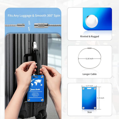 4 Pack Personalized Luggage Tags for Suitcases, Handmade Engraved Stainless Steel Custom Luggage Tags for Cruise Travel with Stainless Loop, Suitcase Identifier Metal Name Baggage Tag
