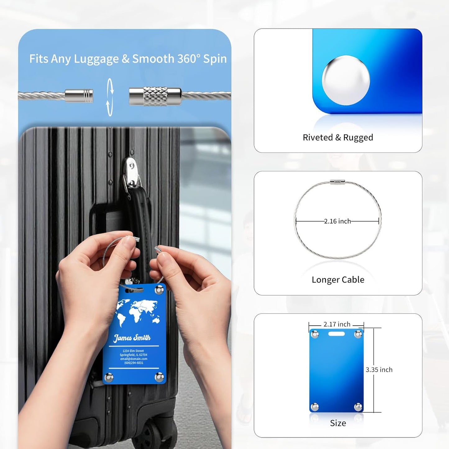 3 Pack Personalized Luggage Tags for Suitcases, Handmade Engraved Stainless Steel Custom Luggage Tags for Cruise Travel with Stainless Loop, Suitcase Identifier Metal Name Baggage Tag