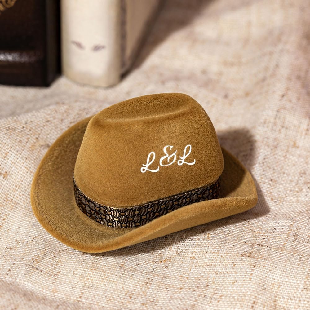 Custom Vintage Brown Cowboy Hat Jewelry Box - Decorative Ring Holder for Wedding and Engagement Rings - Elegant Storage Case and Gift for Western-Themed Ceremonies and Proposals
