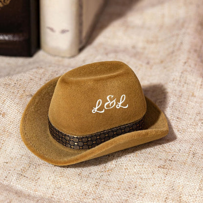 Custom Vintage Brown Cowboy Hat Jewelry Box - Decorative Ring Holder for Wedding and Engagement Rings - Elegant Storage Case and Gift for Western-Themed Ceremonies and Proposals