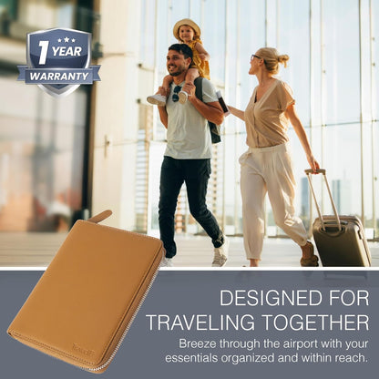 Full Grain Leather Family Passport Holder for 2-4 Passports - RFID Passport Holder and Travel Document Organizer - Large Leather Travel Wallet for Couples and Families - Camel