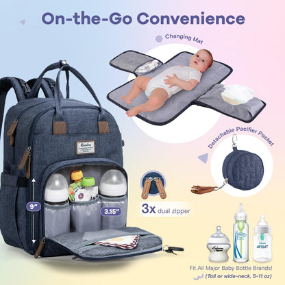 RUVALINO Diaper Bag Backpack, Multifunction Travel Pack Maternity Baby Changing Bags, Large Capacity, Waterproof, Navy Blue