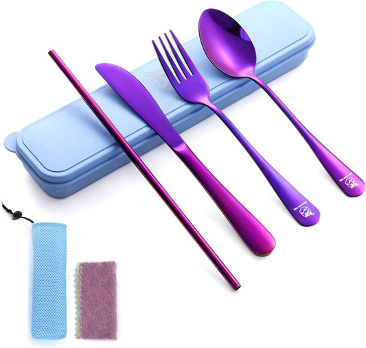 Boulder Bee | Travel Utensils Set | Reusable Camping Cutlery Set | Stainless Steel Flatware Set | Portable Silverware Set with Case | Includes Knife/Fork/Spoon/Straw/Cleaning Cloth/Case (Purple)