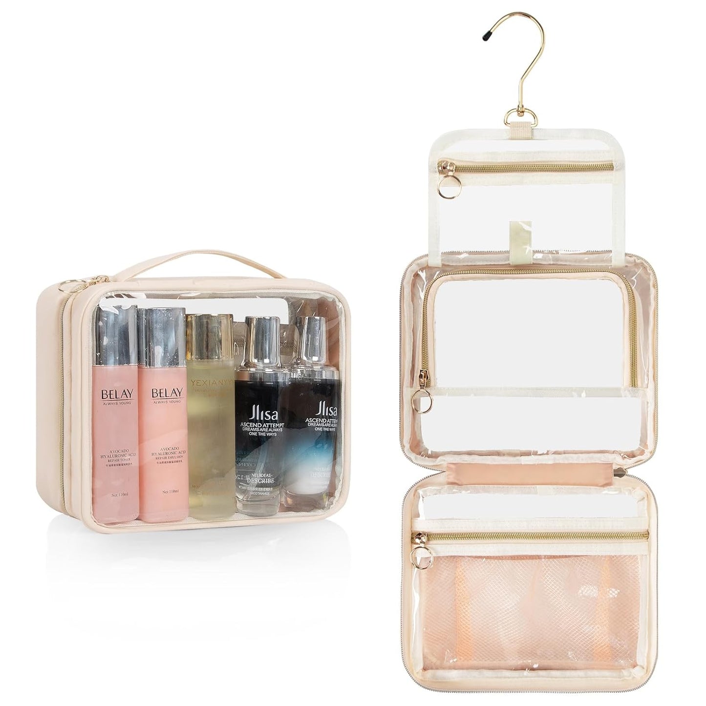 CUBETASTIC Clear Makeup Bags, Travel Make Up Organizer Storage Case, Hanging Toiletry Bag with Zipper Compartment, Small Travel Bag for Toiletries Portable Cosmetic Skincare Pouch with Handle