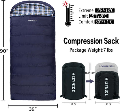 0 Degree Sleeping Bag 100% Cotton Flannel XXL for Adults Big and Tall Cold Weather Winter Zero Degree Camping,Free Compression Sack