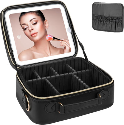 Makeup Bag with LED Mirror, [3 Color and Stepless Dimmable] Rechargeable LED Light for Makeup Bag Train Case with Brushes Storage Organizer, Travel Box Cosmetic Bag for Women - Black
