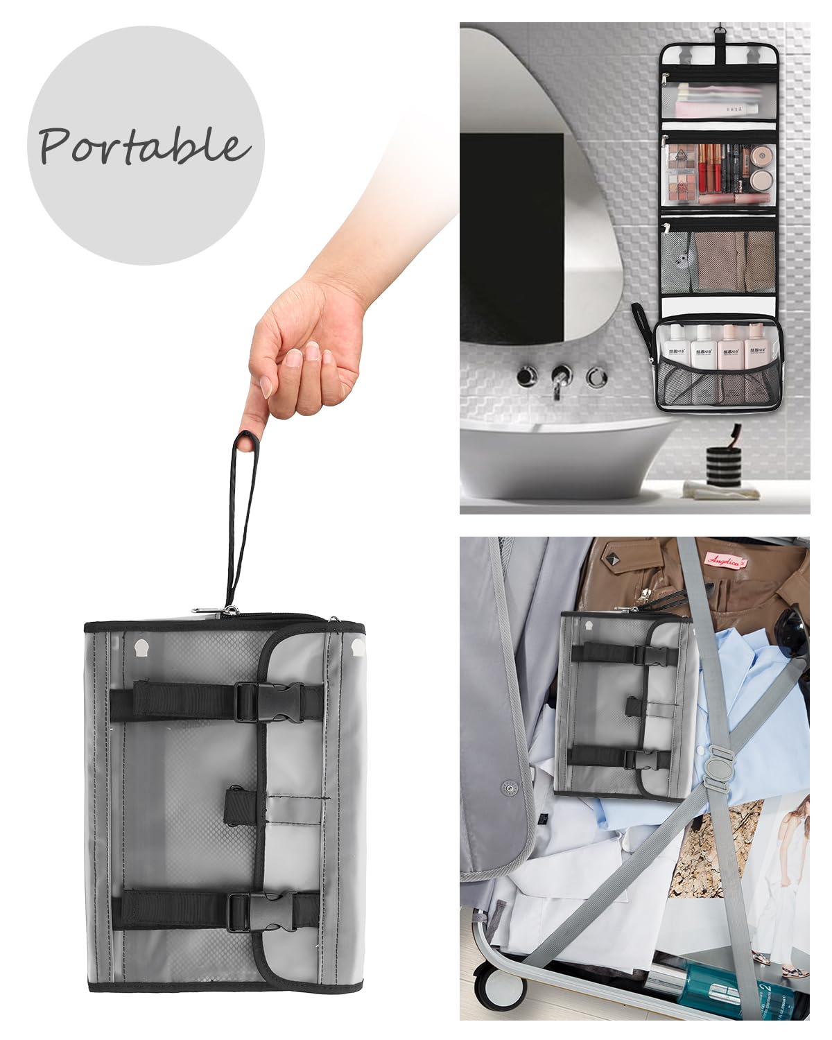 Relavel Travel Hanging Toiletry Bag for Men Women Travel Kit Shaving Bag Waterproof Large Makeup Bag Wash Bag Makeup Organizer Cosmetic Case for Bathroom Shower Semitransparent