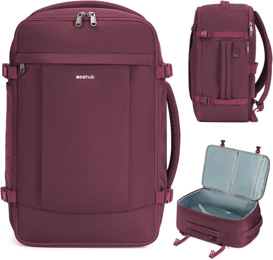 ECOHUB Travel Backpack for Women, Carry on Backpack with USB Charging Hole, Spirit Airlines Personal Item Bag Flight Approved, 15.6 Inch Laptop Backpack with Anti Theft Pockets, 30L, Red