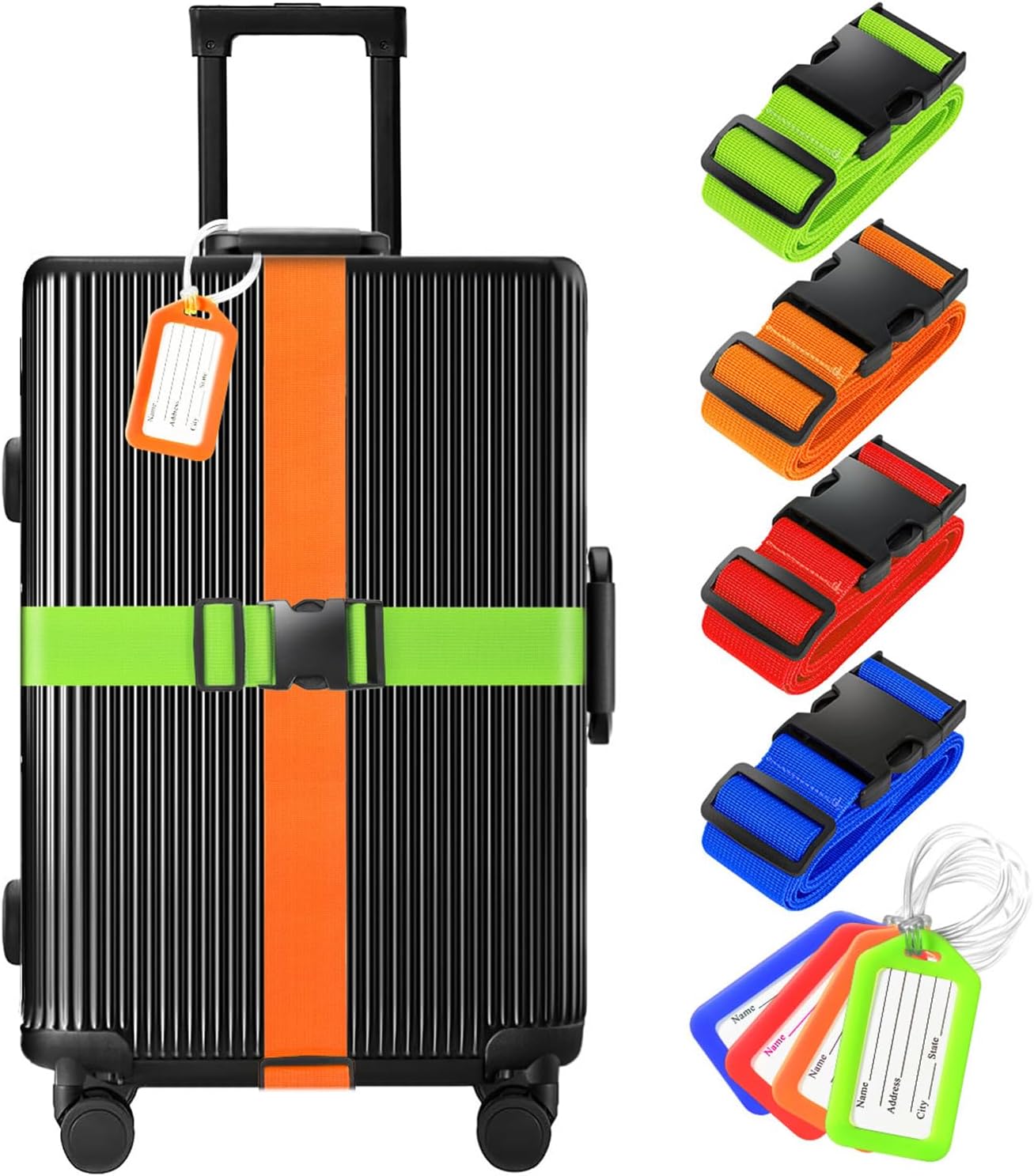 8 Pack Luggage Straps and Tags Set (4 Straps, 4 Tags), Luggage Straps for Suitcases TSA Approved Suitcase Belt Luggage Tags, Mixed