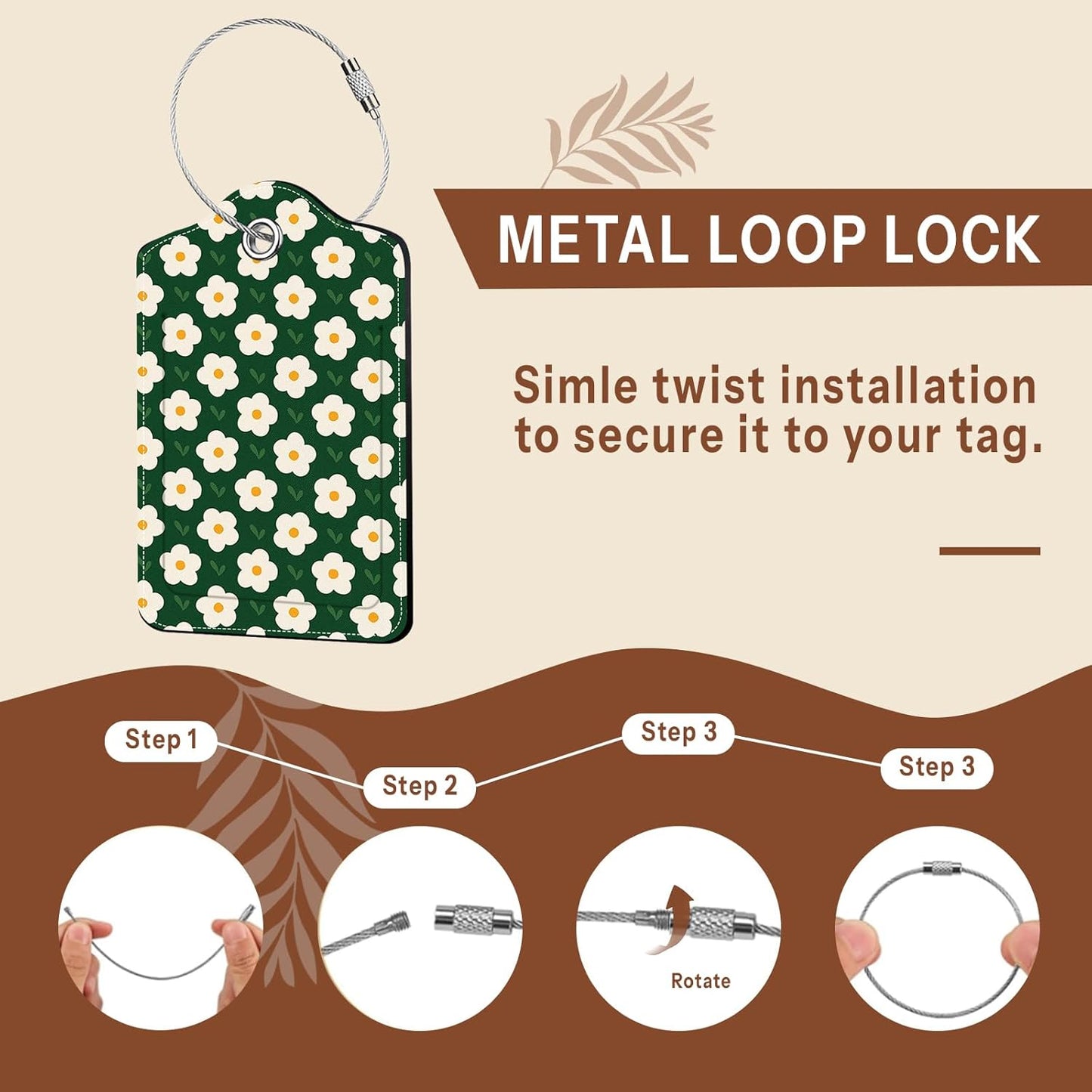 2 Pack Floral Luggage Tag for Women, Green Leather Luggage Tags for Suitcases Waterproof, Name ID Labels with Privacy Cover Suitcases Bag Luggage Tags for Travel, Travel Accessory Luggage Tag