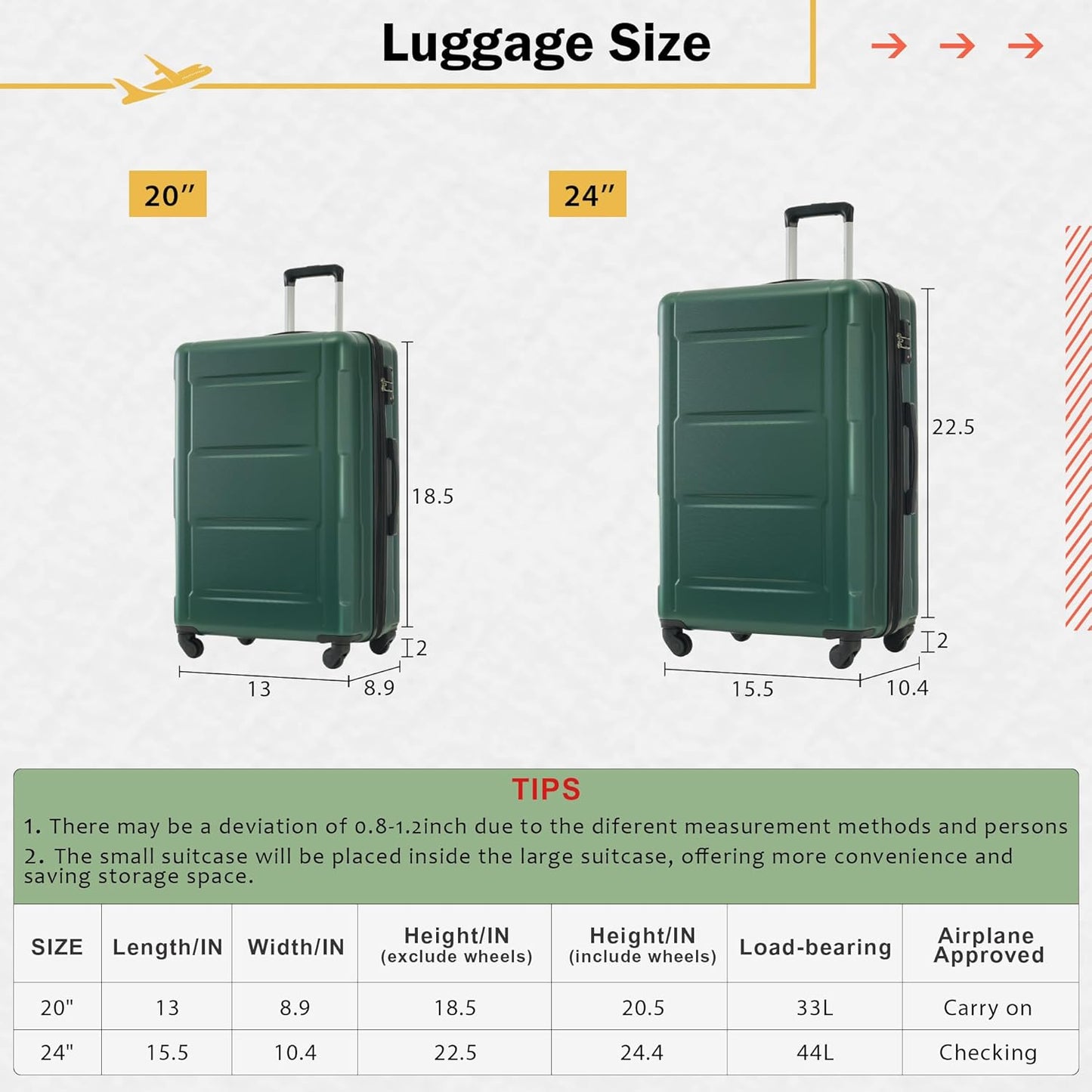 Merax Luggage Set 2 Piece Suitcase Sets with Spinner Wheel,Lightweight Hardside Expandable Travel Laggage with TSA Lock,Suitcase with Travel Bag(20"/24",Green)