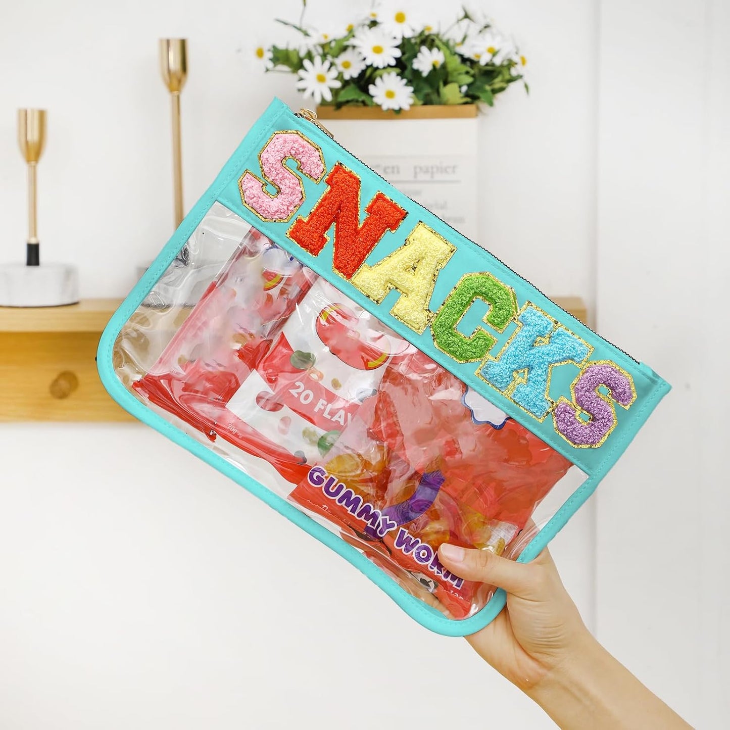 DYSHAYEN Chenille Letter Clear Zipper Pouch for Travel,Nylon Clear Cosmetic Bag,Makeup Travel Bag for Women Girls 11.8 Inches x 8.2 Inches