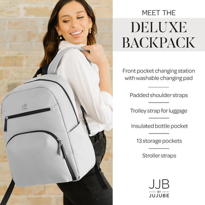 JJB by JuJuBe - New Deluxe Diaper Bag Backpack with Portable Changing Pad, Stroller Straps, Large Travel Backpack for Boy or Girl, Carrying Baby Bottles, Diapers, Pacifiers, Grey, Mother's Day Gift