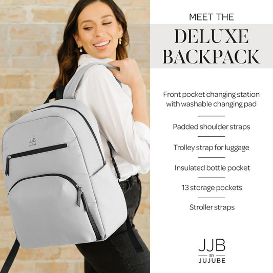 JJB by JuJuBe - New Deluxe Diaper Bag Backpack with Portable Changing Pad, Stroller Straps, Large Travel Backpack for Boy or Girl, Carrying Baby Bottles, Diapers, Pacifiers, Grey, Mother's Day Gift