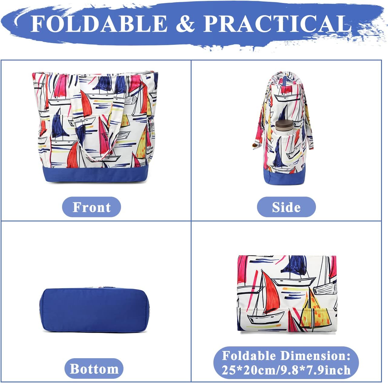 VASCHY Beach Bag for Women, Large Waterproof Sandproof Fold-able Packable Pool Tote Bag w Zipper/Pockets