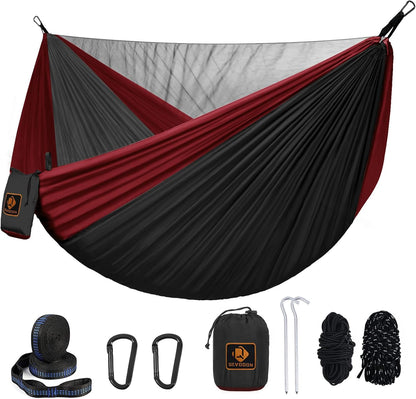 Camping Hammock, Portable Hammocks with Mosquito Net,Lightweight Nylon Parachute Hammock with 10ft Tree Straps,Camping Gear Must Haves for Travel Hiking Backpacking Beach Patio-Black&Red