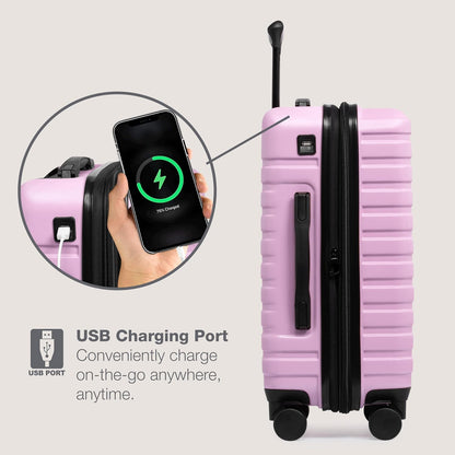 U.S. Traveler Boren Polycarbonate Hardside Rugged Travel Suitcase Luggage with 8 Spinner Wheels, Aluminum Handle, Lavender, 2-Piece Set, USB Port in Carry-On