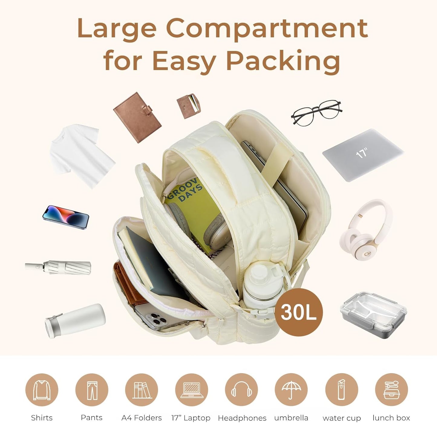 CLUCI Wrinkle-Resistant Laptop Backpack for Women, 17.3 Inch Anti Theft Travel Backpack, Puffer Quilted Work Backpack, Water Resistant College Bookbag with RFID