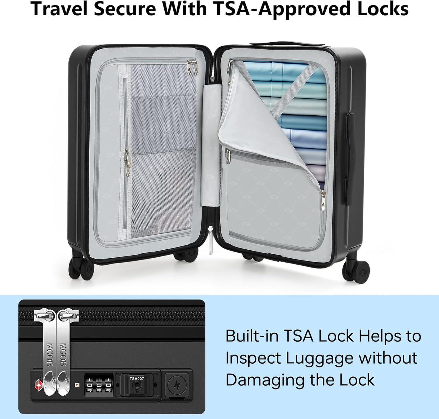 MGB Carry on Luggage 22x14x9 Airline Approved, Durable PC Hardside Suitcase with TSA Lock for Business Trip, 20 Inch Carry-on Luggage, USB Port & 360°Spinner Wheels