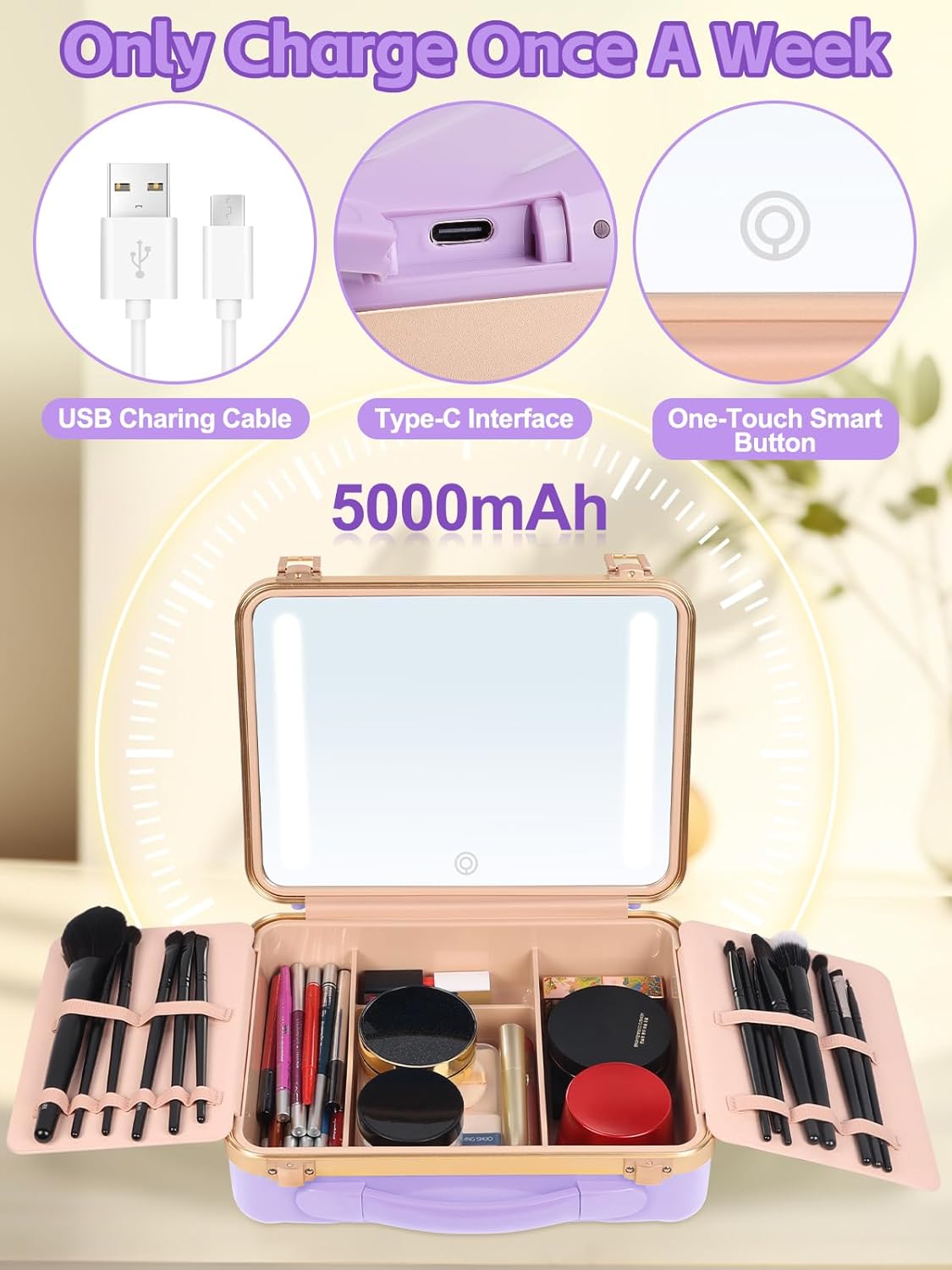 Kalolary Travel Makeup Train Cases with Lighted Mirror 3 Color Setting, Makeup Bag Cosmetic Case Organizer Adjustable Brightness Portable Makeup Storage Box with Detachable 5X Magnifying Mirror Purple