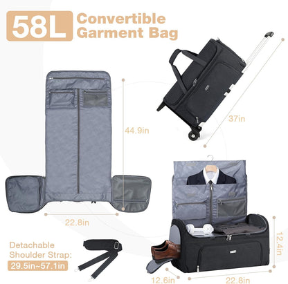 Garment Bags with Wheels, Garment Convertible Weekender Bags, Large Carry On Garment Bags for Travel, Duffle Bag Garment Bag (Black, Large)