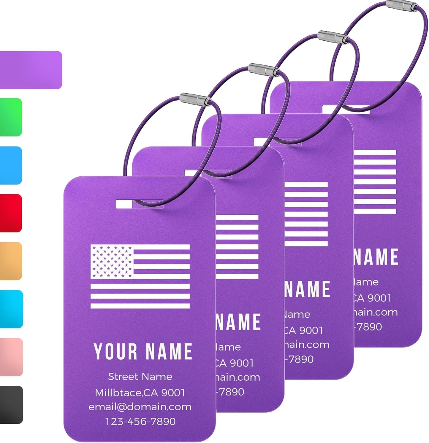 Personalized Luggage Tags, Custom Luggage Tags 4 Pack TSA Approved Double Sided Laser Engraving, Metal Luggage Tag for Suitcases with Stainless Loops, Name Tag for Bags, Backpacks (Purple)