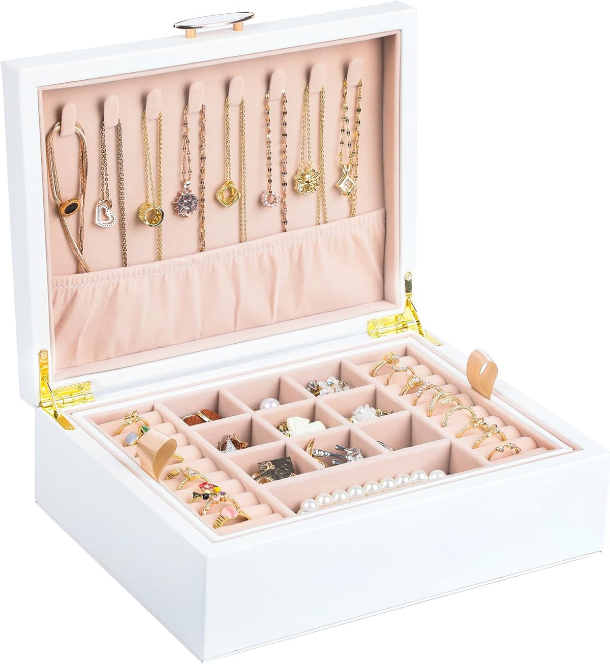 Small Jewelry Organizer for Women, 2-Layer Travel Jewelry Box with Portable Case, Necklace Ring Storage for Dresser, Girls Teens Gifts (White)