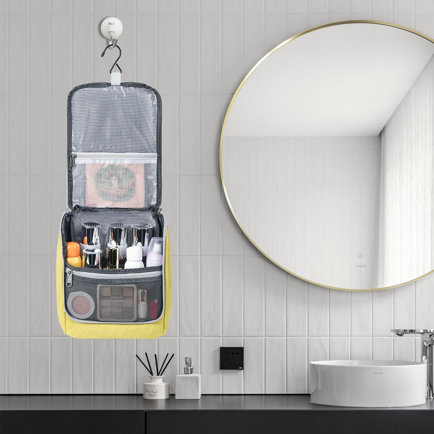 Travel Hanging Toiletry bag for Men & Women, Water-resistant Sturdy Nylon Toiletries Organizer for Cosmetics, Makeup Brushes, Shaving Tools, Bathroom Bag, Yellow