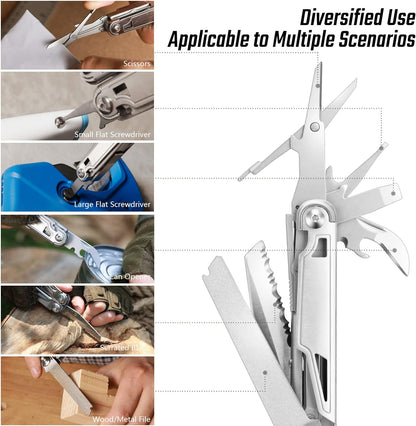 FLISSA Multitool, 16-in-1 Multitools with Sheath, Stainless Steel EDC Multitool, Pocket Knife, Bottle Opener, Screwdriver, Pocket Multi-Tool for Camping, Handwork, Hunting, Hiking, Fishing