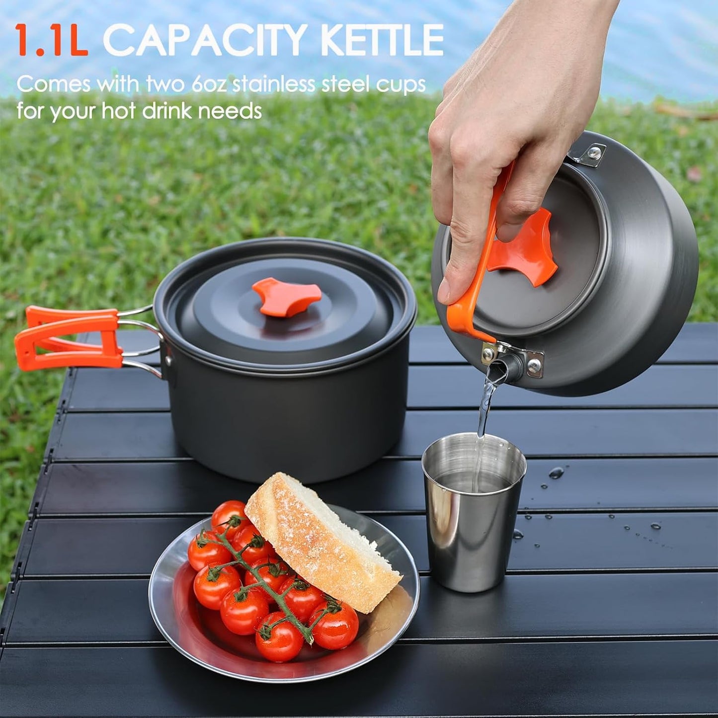 20Pcs Camping Cookware Mess Kit, Non-Stick Lightweight Camping Pots and Pans with 1.1L Kettle, 2 Set Stainless Steel Cups Plates Forks Knives Spoons for Backpacking, Hiking, Outdoor Cooking