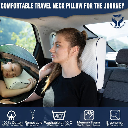 Travel & Camping Comfortable Memory Foam Pillow – Easy to Carry Portable Bag – Temperature Regulating Pillow Case (White Contour)