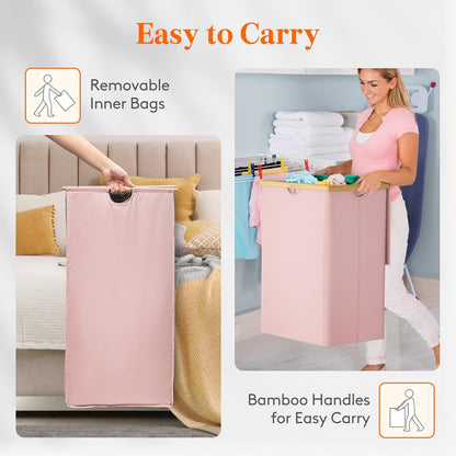 Lifewit 160L Double Laundry Hamper with Lid, Extra Large Bamboo Laundry Basket Dirty Clothes Hamper, 2 Section Laundry Bin Organizer for Laundry Room Bedroom with 2 Removable Liners & Bags, Pink