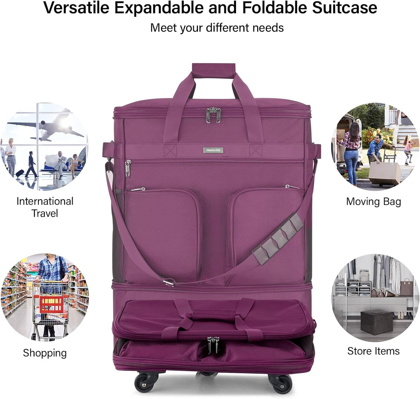 Hanke Expandable Collapsible Luggage with Wheels Suitcase Luggage Rolling Travel Bag Duffel Bag for Men Women Lightweight Suitcase Large Capacity Luggage with Spinner Wheel (Purple)