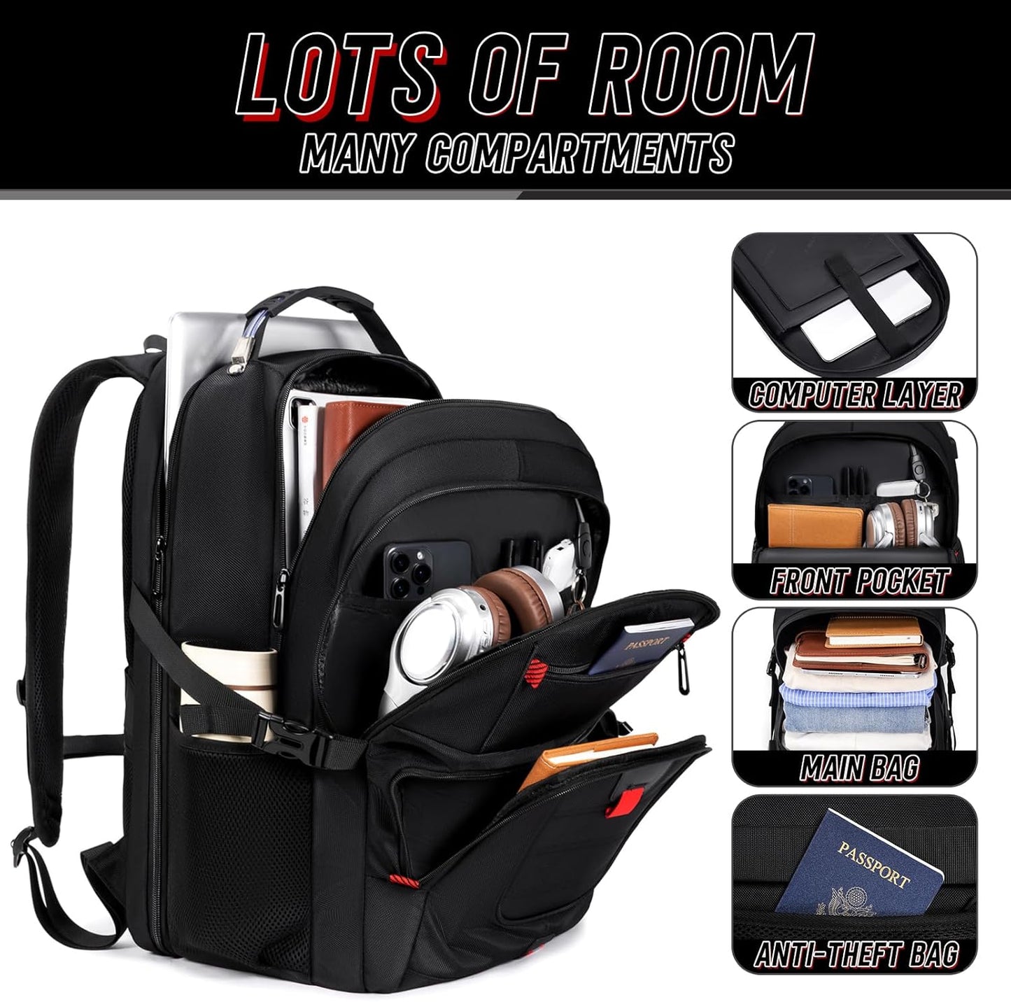 Z-MGKISS Travel Backpack, 50L Extra Large Travel Laptop Backpack, Travel Backpack for Men Women with TSA Airline Approved Bussiness Backpack, Black