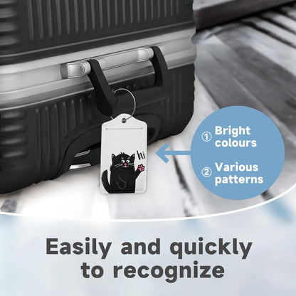 2 Pack Luggage Tag for Suitcase, Funny Black Cat Leather Bag Tags Identifiers Privacy Cover ID Label with Durable Steel Loop for Women Men Kids Girls Travel