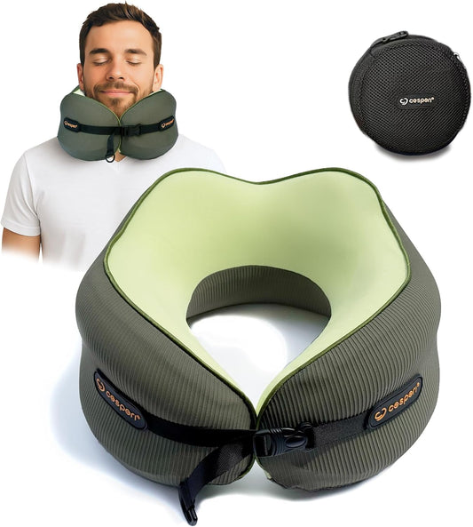 Cesperi® Travel Neck Pillow for Airplanes, Ergonomic Design, Airplane Neck Pillow with Memory Foam, Travel Essentials for Flights, Car Rides, and Home Rest, M Size, 140-210LB (Avocado Green)