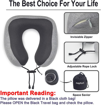 napfun Neck Pillow for Traveling, Travel Neck Pillow for Airplane 100% Pure Memory Foam Travel Pillow for Flight Headrest Sleep, Portable Plane Accessories, Light Grey Set