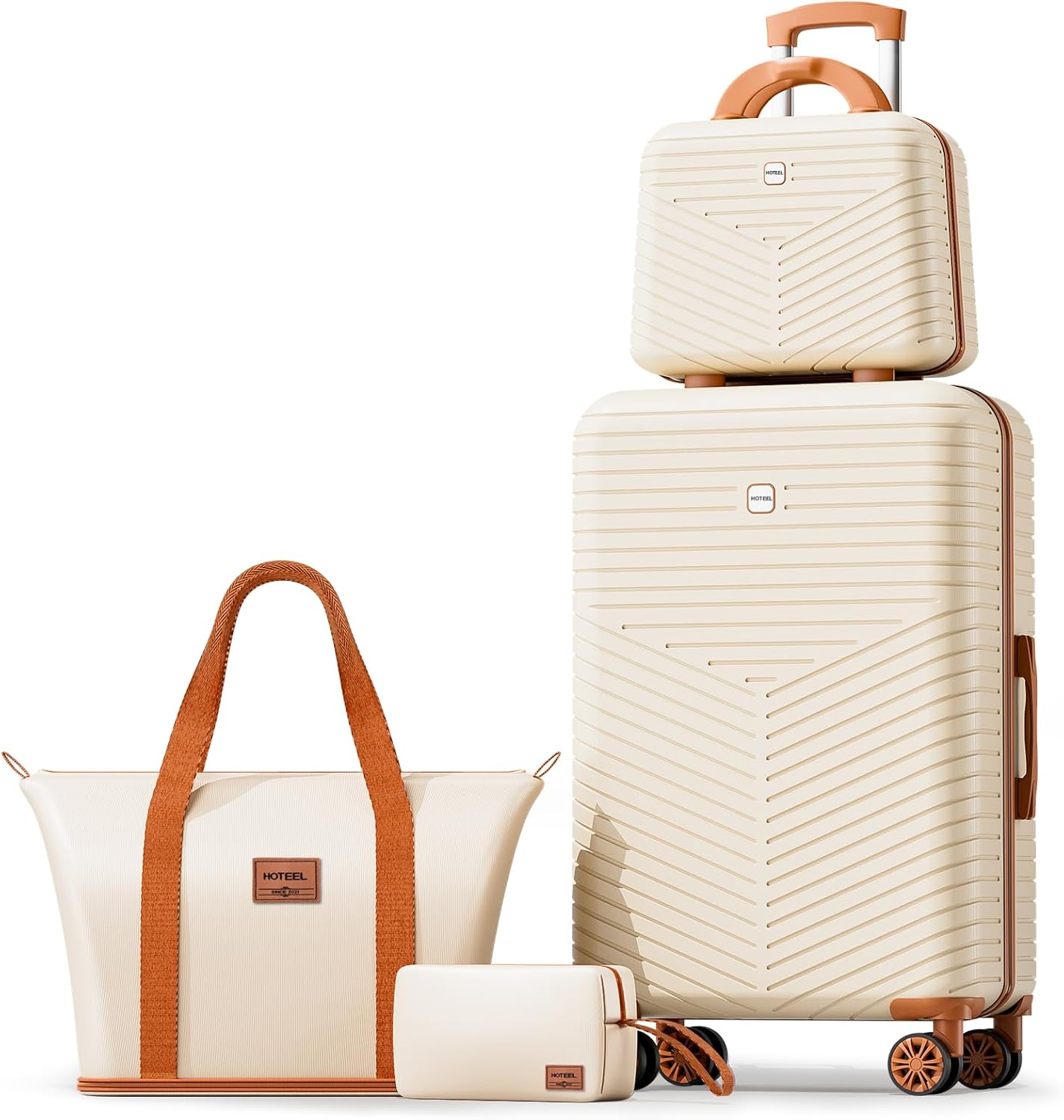 Hoteel 4 Piece Luggage Set (4-YEAR WARRANTY) with Spinner Wheels & TSA Lock, Carry on Luggage Hardshell ABS+PC, Travel Collection Suitcases Sets, Beige(13/20",Travel Bag,Cosmetic Bag)