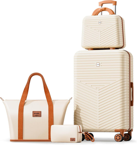 Hoteel 4 Piece Luggage Set (4-YEAR WARRANTY) with Spinner Wheels & TSA Lock, Carry on Luggage Hardshell ABS+PC, Travel Collection Suitcases Sets, Beige(13/20",Travel Bag,Cosmetic Bag)