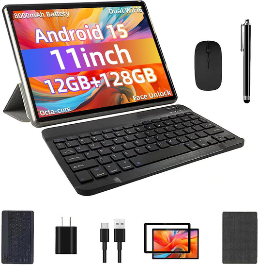 Android 15 Tablet, 12GB+128GB +1TB Expand, Face Unlock, 8000mAh Big Battery+18W Fast Charging, Dual Stereo Speakers, Octa-core CPU, WiFi6, BT5.0,Touchscreen Display, 11inch 2in1 Tablet PC Tableta