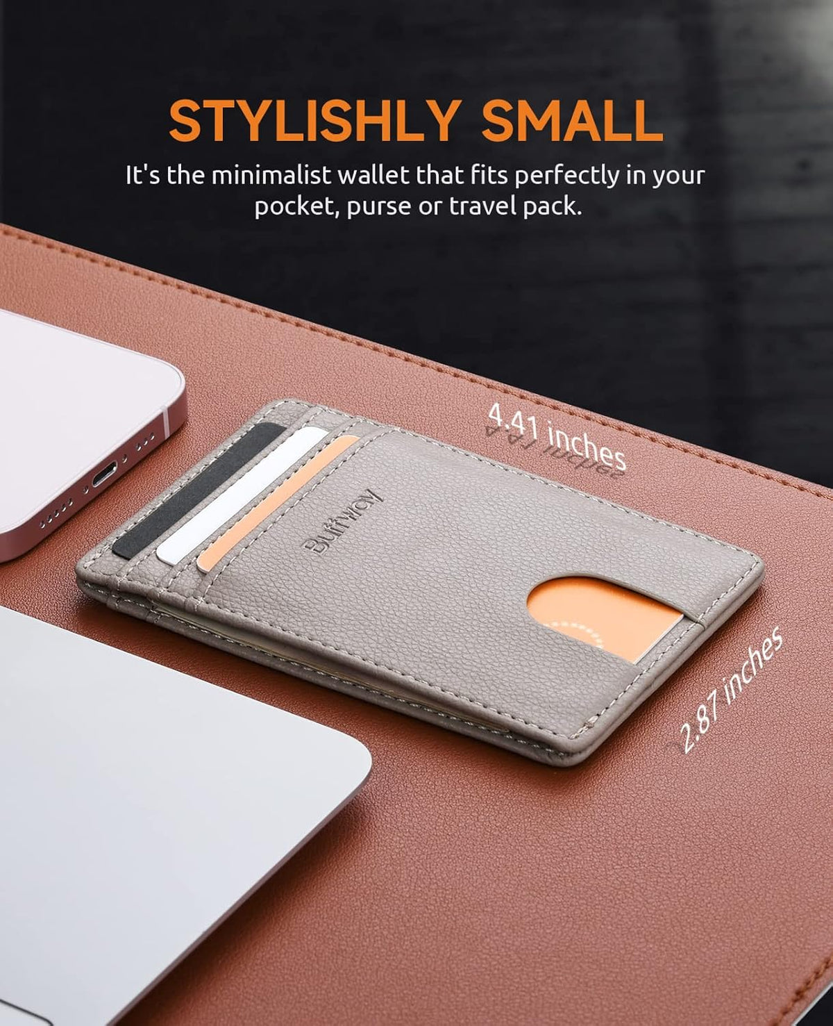 Buffway Mens Slim Wallet, Minimalist Thin Front Pocket Leather Credit Card Holder with RFID Blocking for Work Travel