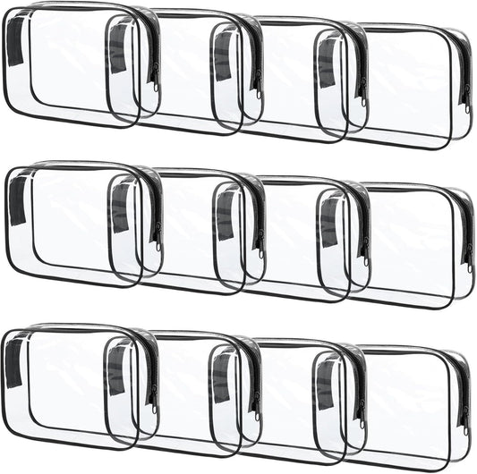 12 Pcs Clear Toiletry Bag PVC Waterproof Zippered PVC Cosmetic Makeup Carry Pouch TSA Approved Toiletry Bag for Travel Clear Organizer Storage Bags (Medium, Black)