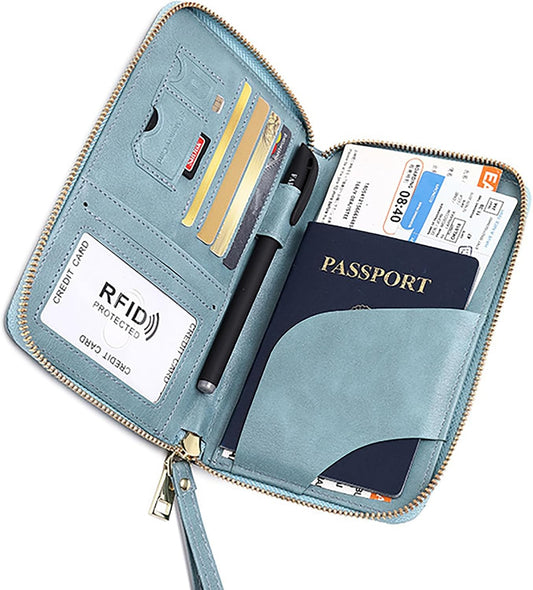 Rowgins Rfid Blocking Passport Holder Wallet, Rowgins Rfid Passport Holder with Zipper, PU Leather PassportHolder for Travel (SKY BLUE)