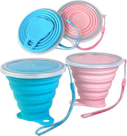 Silicone Collapsible Cup with Lid – Portable Collapsible Travel Cup for Hot and Cold Drinks – Leakproof Collapsible Cups for Camping, Hiking, Office (2 Pack)