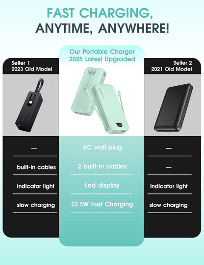 Portable Power Bank, 20000mAh 22.5W USB C Fast Charging Power Bank with Built-in Cables & Wall Plug, External Battery Pack with LED Display, Ultimate Travel Essential for iPhone, iPad, Samsung Green