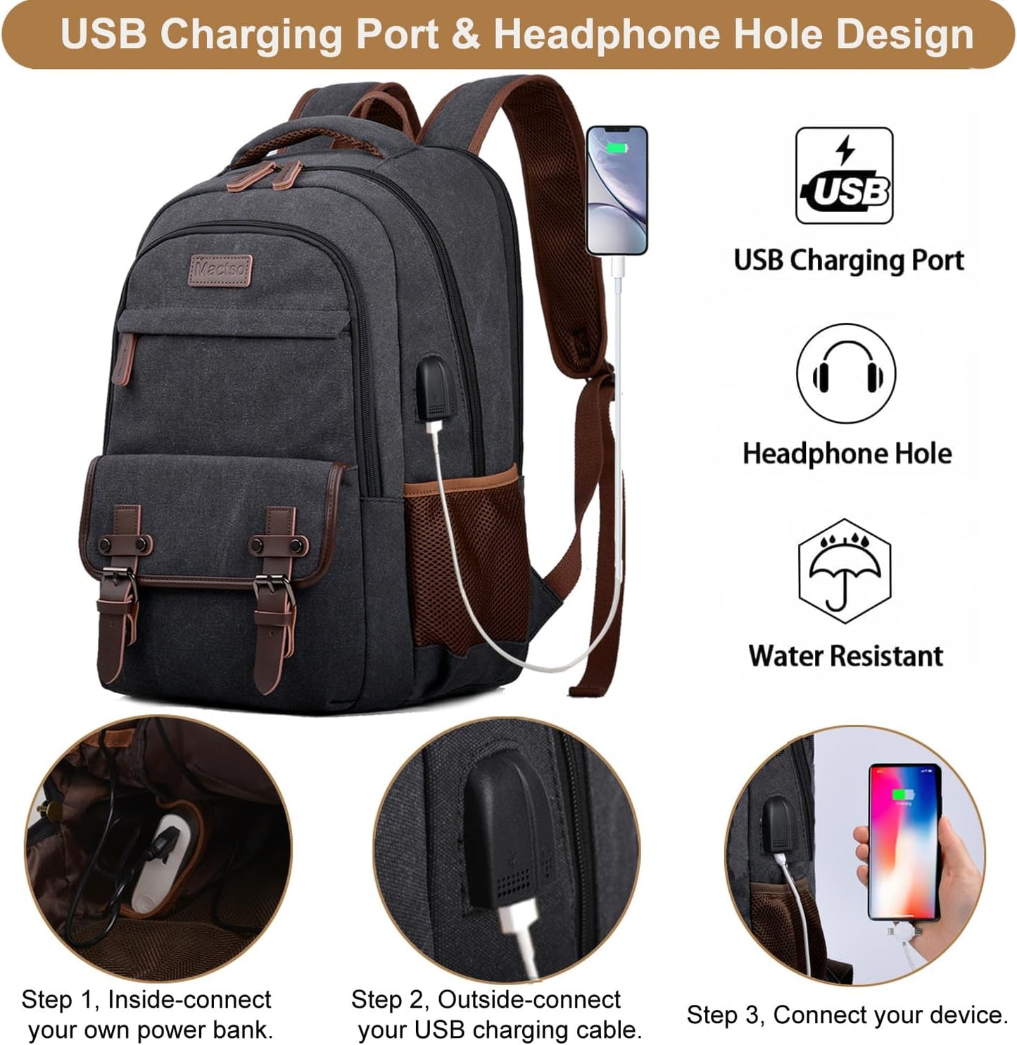 Mactso Canvas Travel Laptop Backpack for Men Women, Business Work Rucksack College Computer Bag Fits 17.3 Inch Notebook,Bookbag with USB Charging Port (Black, 17.3 Inch)